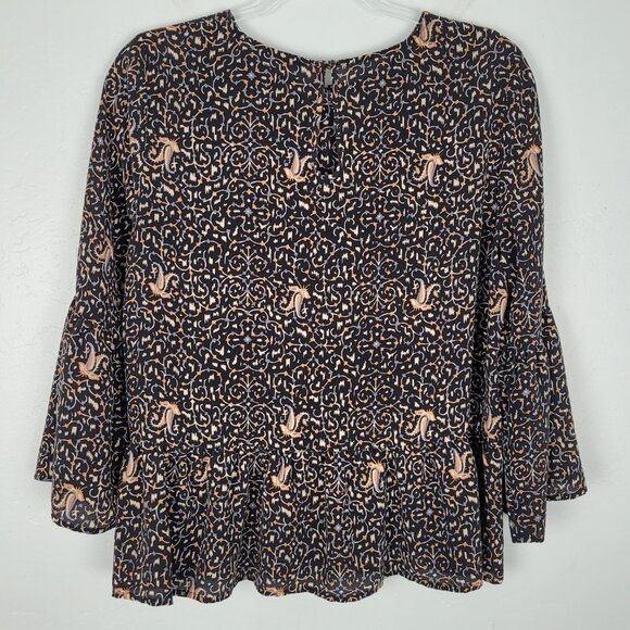 Madewell Silk Blouse 3/4 Bell Sleeve Peplum Patterned Black Multicolor Size L - Picture 2 of 11